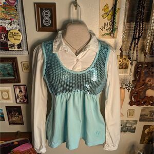 Y2K Pelle Pelle Sparkly Blouse Women's XS Blue White Sequins Longsleeve Babydoll